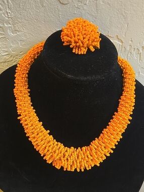 Handcrafted Orange Beaded Necklace with Matching Ring